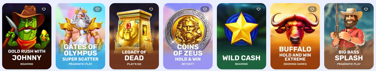 Goodman Casino overzicht van populaire slots zoals Gold Rush with Johnny, Gates of Olympus Super Scatter, Legacy of Dead, Coins of Zeus, Wild Cash en Big Bass Splash